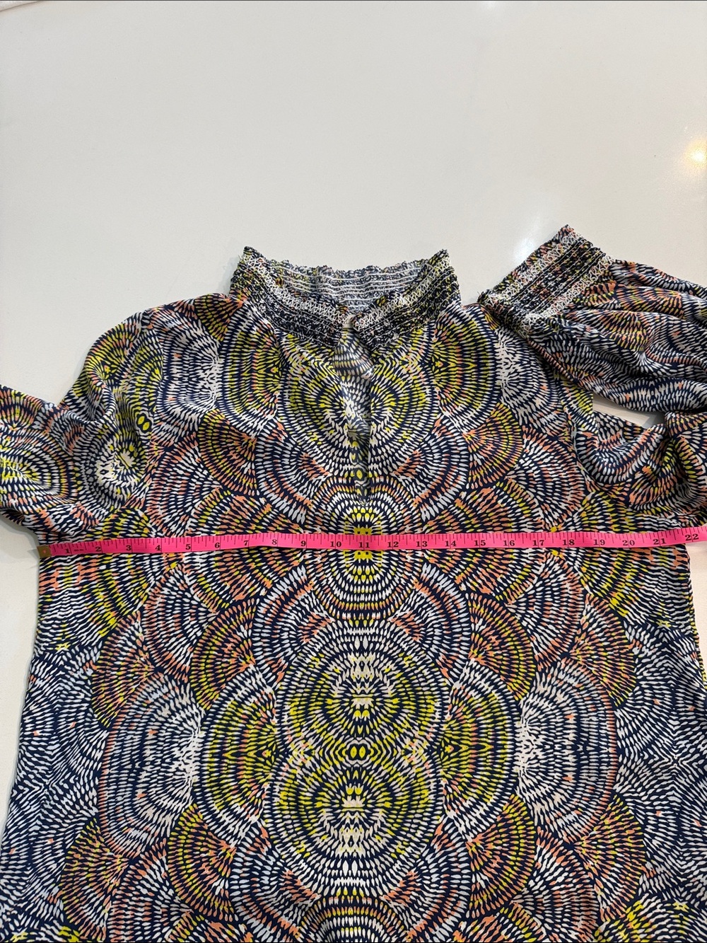 Marie Oliver Emilie Silk Blouse Mock Neck Smocked Abstract Kaleidoscope Size L - Picture 11 of 12